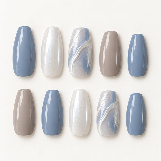 Full set of Blue Pearl Drift Almond Medium Hand-Painted Press-On Nails
