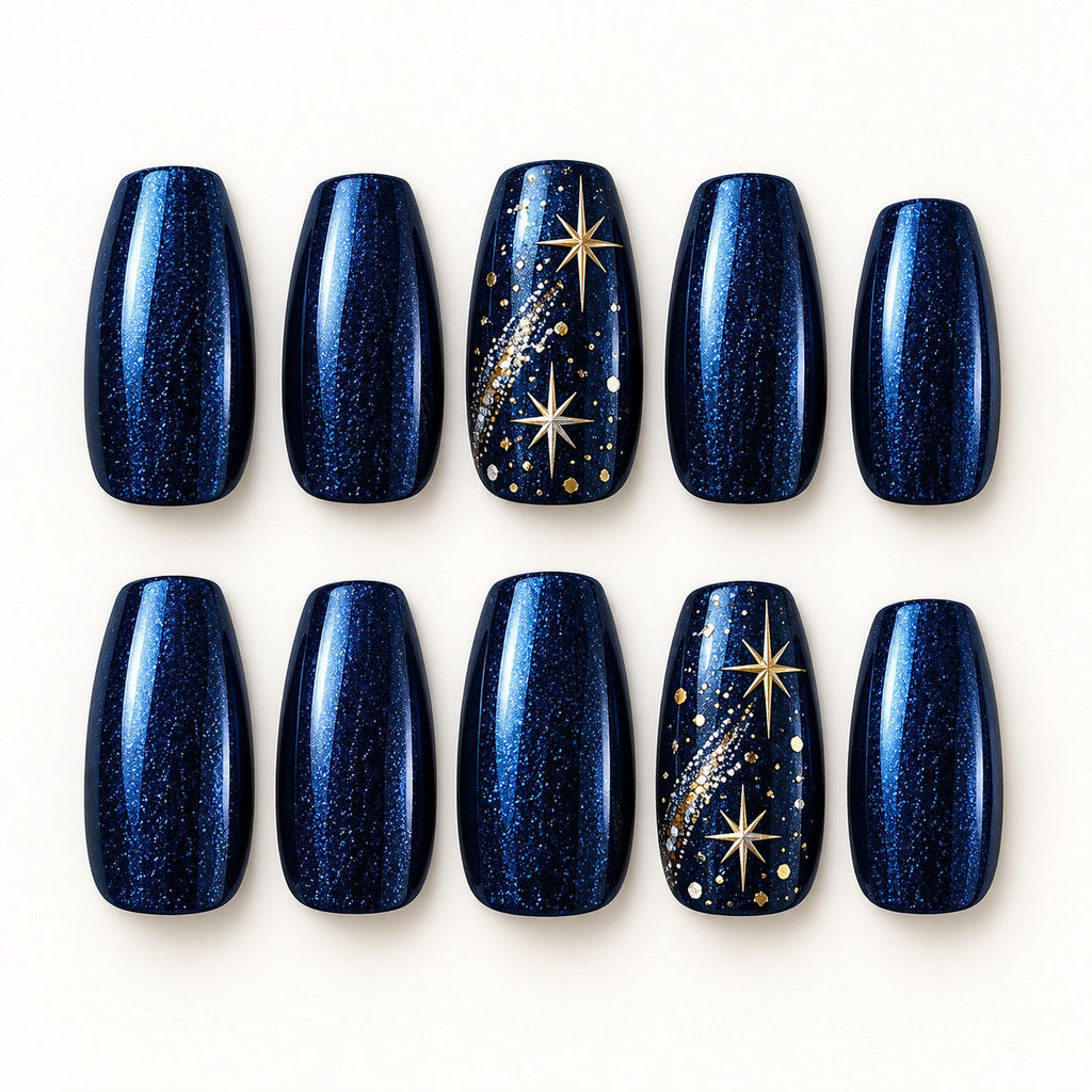 Full set of Navy Countdown Coffin Medium Hand-Painted Press-On Nails — AI design preview