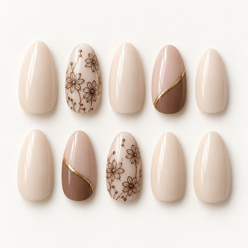 Full set of Black Tea Lace Almond Medium Hand-Painted Press-On Nails — AI design preview