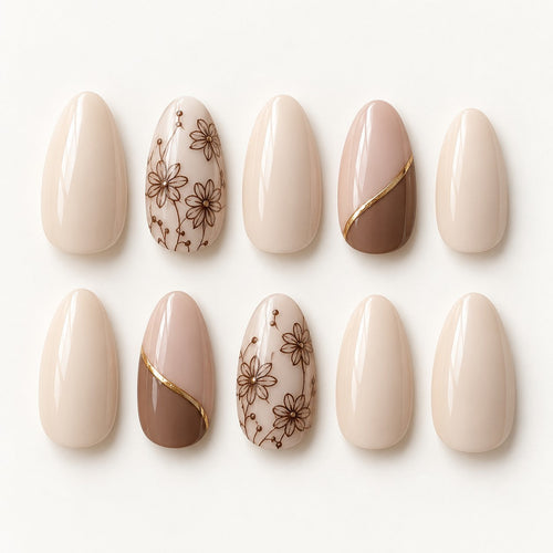 Full set of Black Tea Lace Almond Medium Hand-Painted Press-On Nails — AI design preview