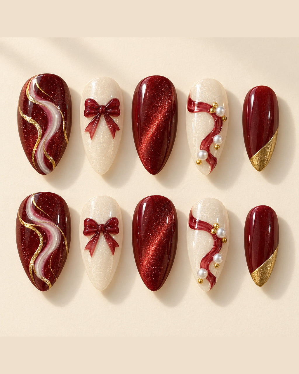 Midnight Ribbon hand-painted press-on nails — full ten-nail design set. Design preview.