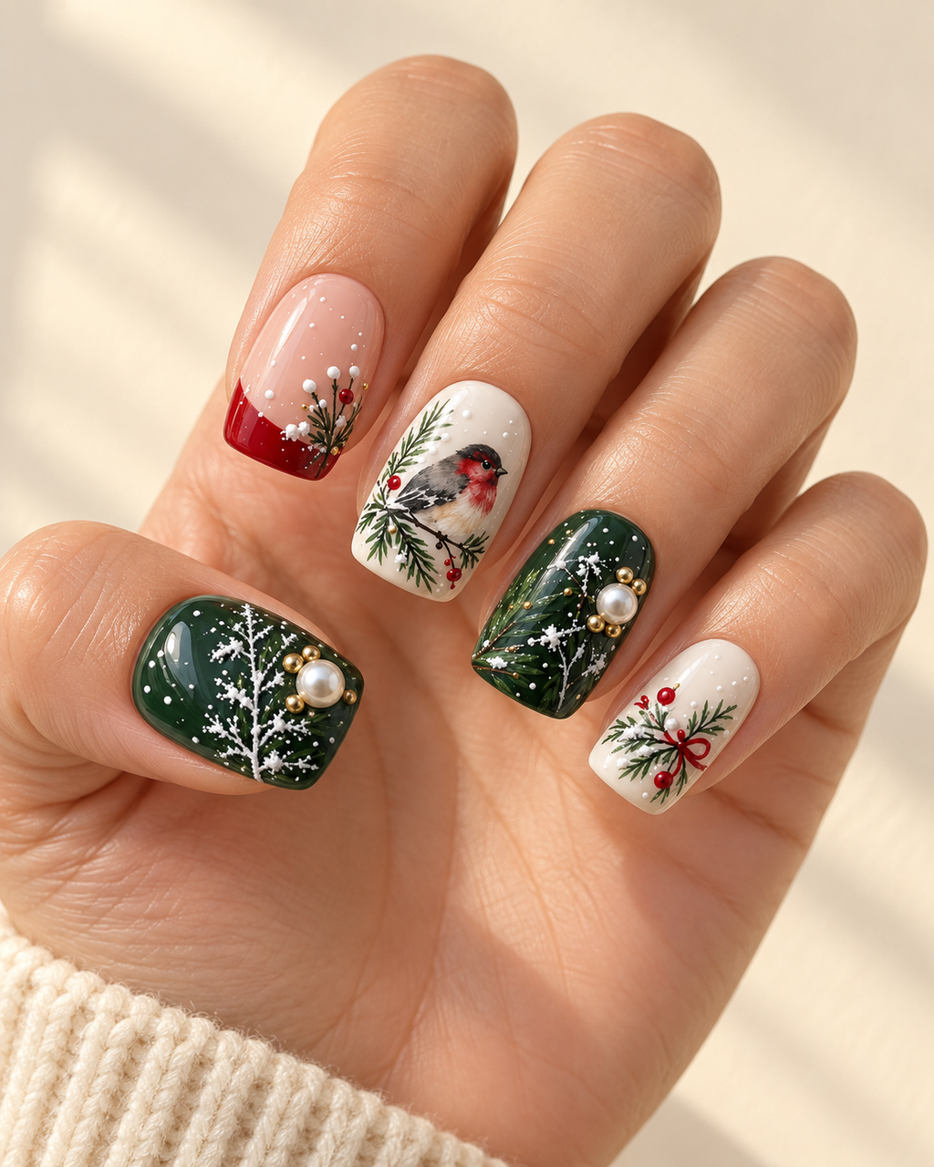 Winter Finch hand-painted press-on nails shown on a hand