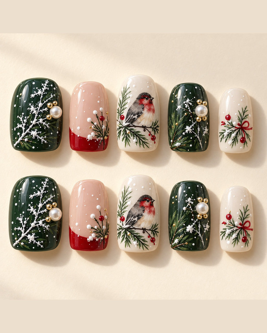 Winter Finch full set of ten hand-painted press-on nails