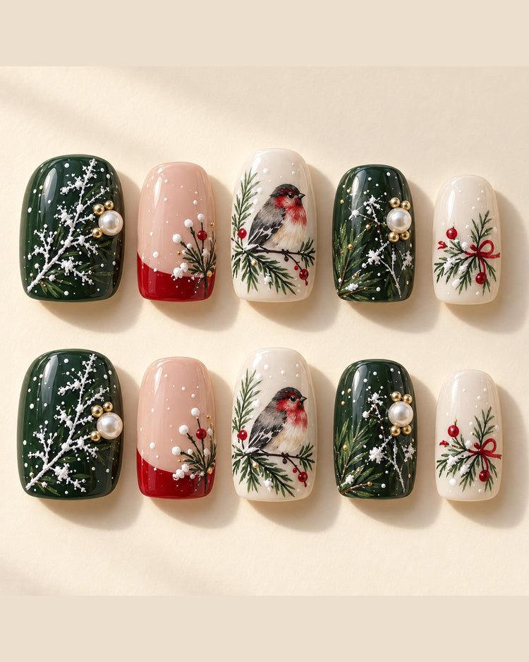 Winter Finch full set of ten hand-painted press-on nails