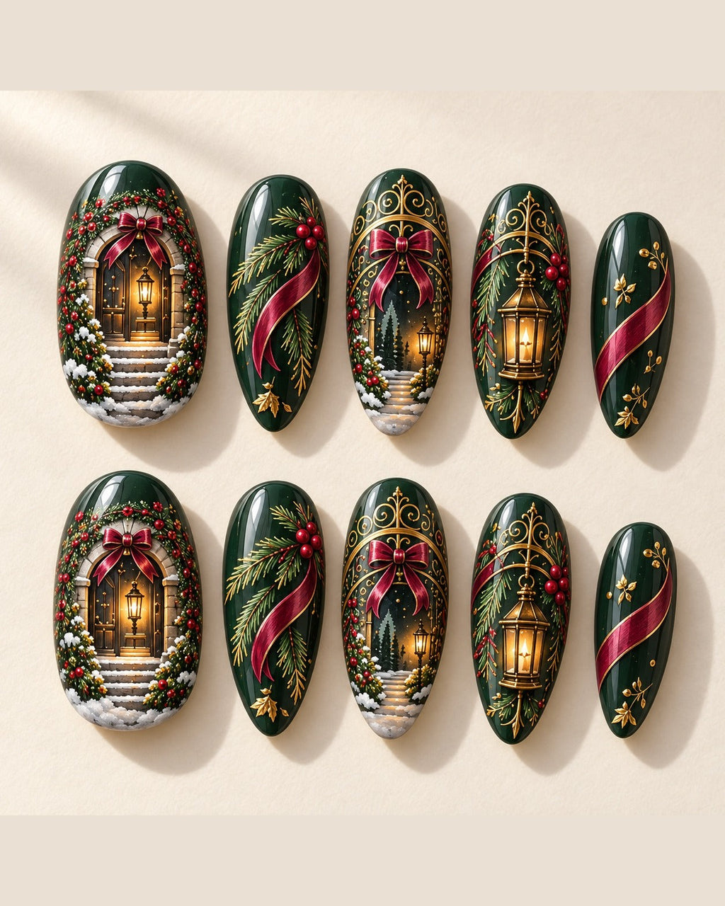 Gilded Evergreen Arch full set of ten hand-painted press-on nails, design preview