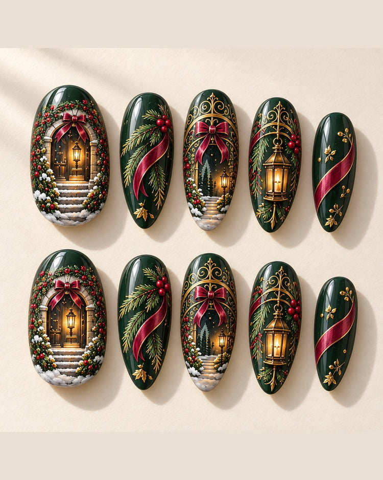 Gilded Evergreen Arch full set of ten hand-painted press-on nails, design preview