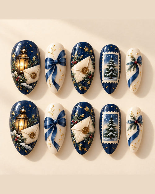 Midwinter Letter full set of ten hand-painted press-on nails, design preview