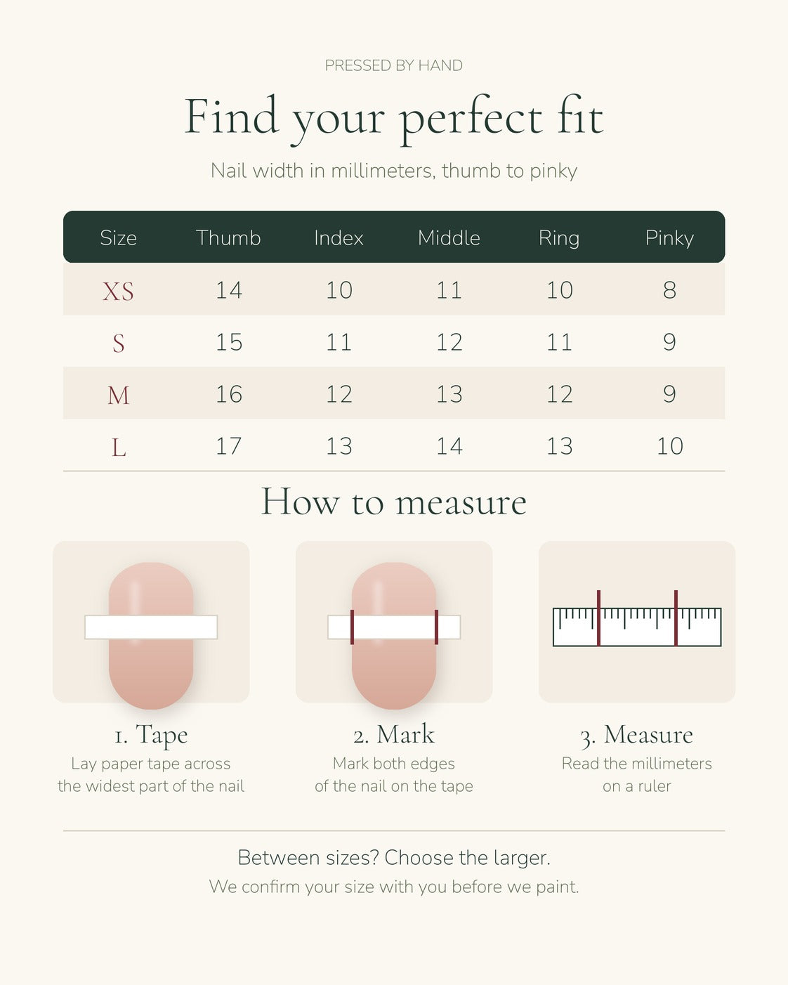 Size chart XS to L in millimeters, thumb to pinky, and how to measure with tape and a ruler.